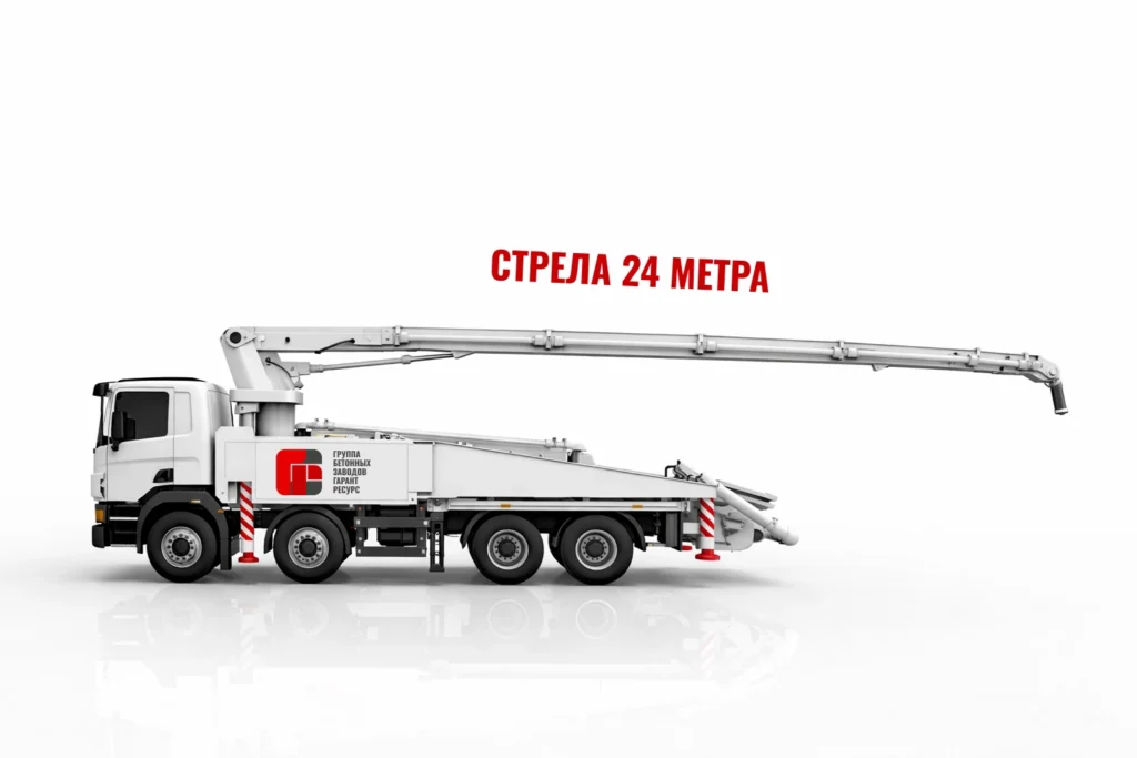 Автобетононасос со стрелой 24 м для подачи бетона на строительном объекте в Жуковском